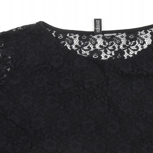 Divided by H&M Womens Black Floral Polyamide Basic Blouse Size L Round Neck