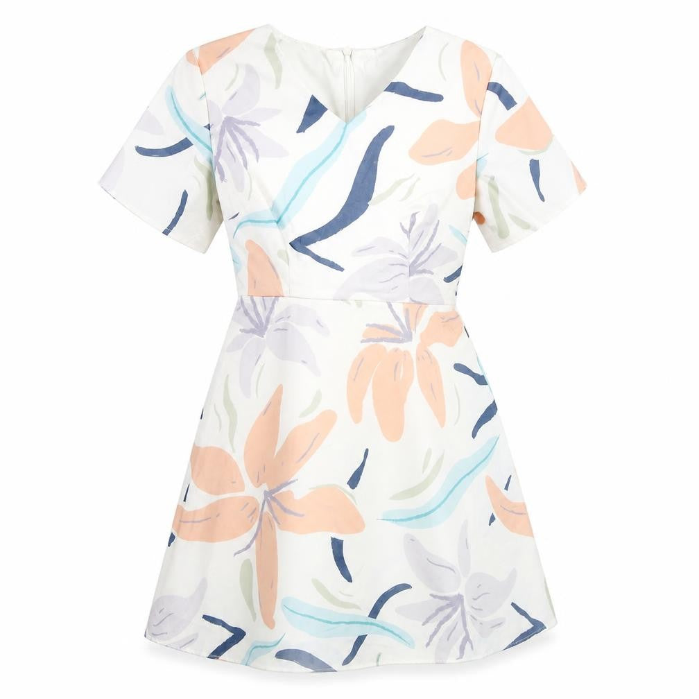 Front view of Fayth women’s white geometric polyester a-line, size XS, v-neck zip