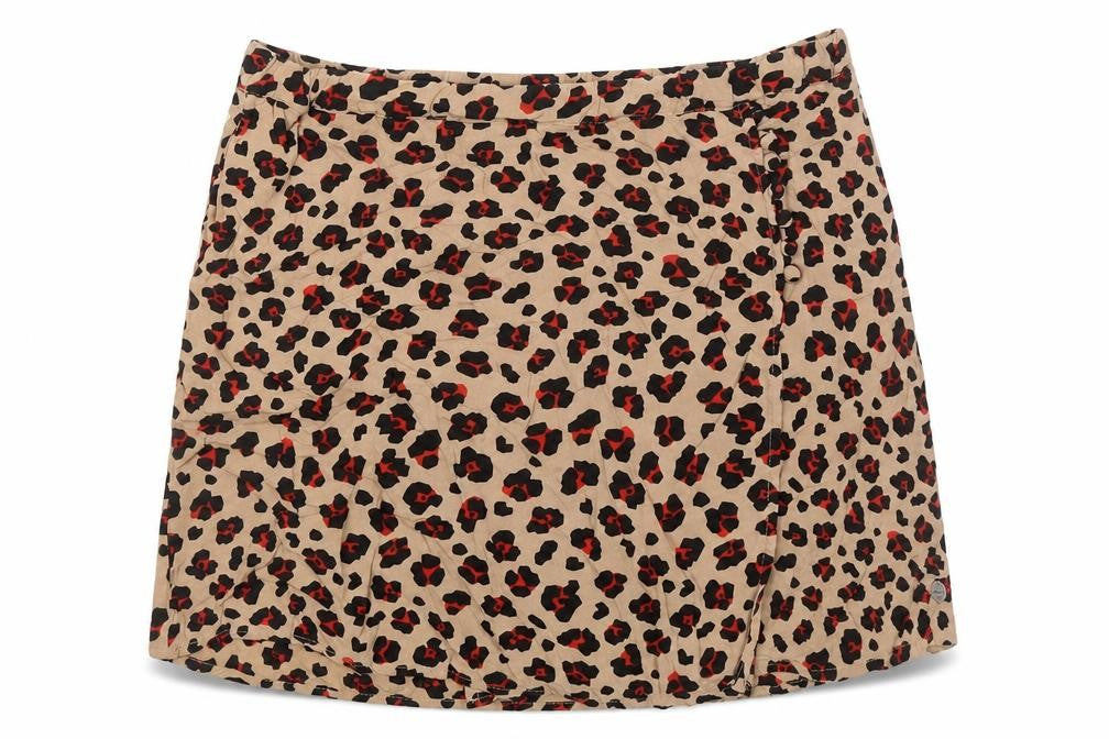 Front view of Garcia women’s beige animal print viscose mini skirt, size M, button - leopard pattern