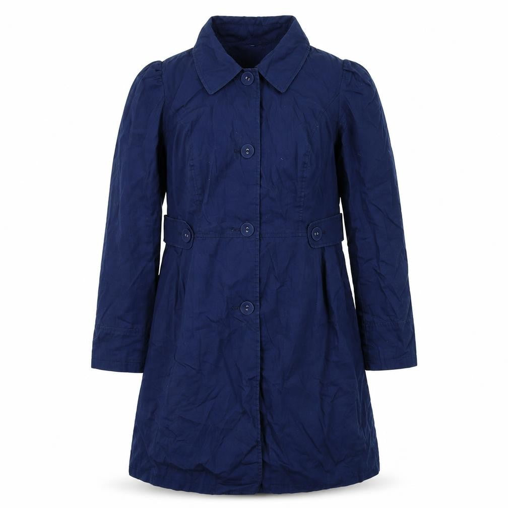 Front view of Marks & Spencer women’s blue pea coat coat, size UK 12, button