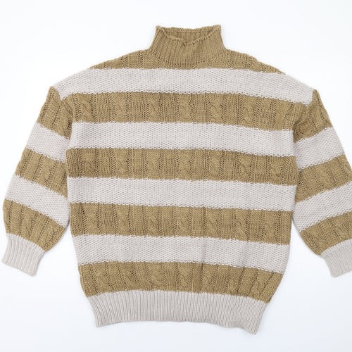 PRETTYLITTLETHING Womens Beige High Neck Striped Acrylic Pullover Jumper Size XS