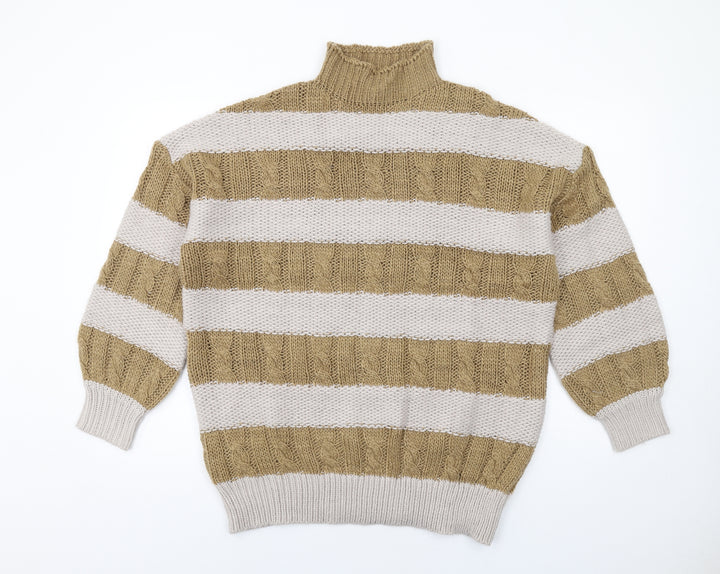 PRETTYLITTLETHING Womens Beige High Neck Striped Acrylic Pullover Jumper Size XS