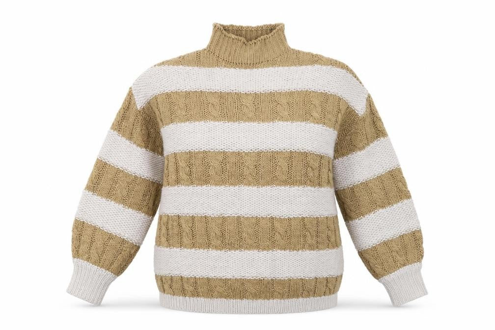Front view of PRETTYLITTLETHING women’s beige high neck striped acrylic jumper, size XS