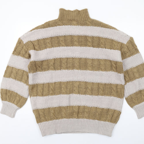 PRETTYLITTLETHING Womens Beige High Neck Striped Acrylic Pullover Jumper Size XS