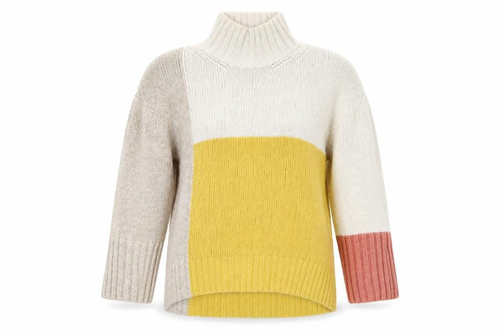 Front view of Marks & Spencer women’s multicoloured high neck geometric cotton jumper, size M