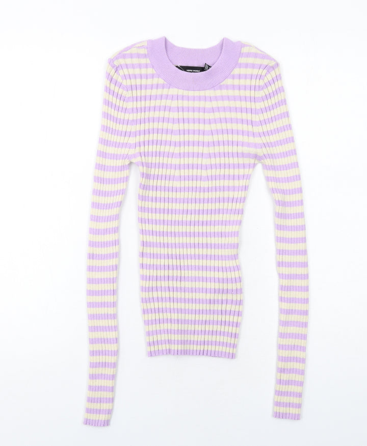 VERO MODA Womens Purple Round Neck Striped Viscose Pullover Jumper Size M