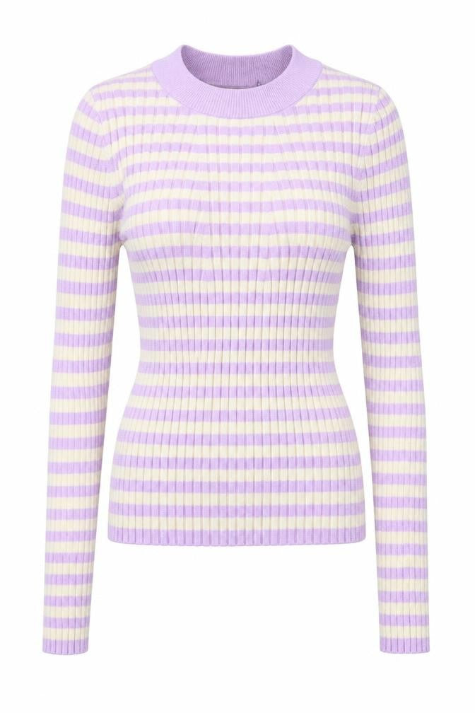Front view of Vero Moda women’s purple round neck striped viscose jumper, size M