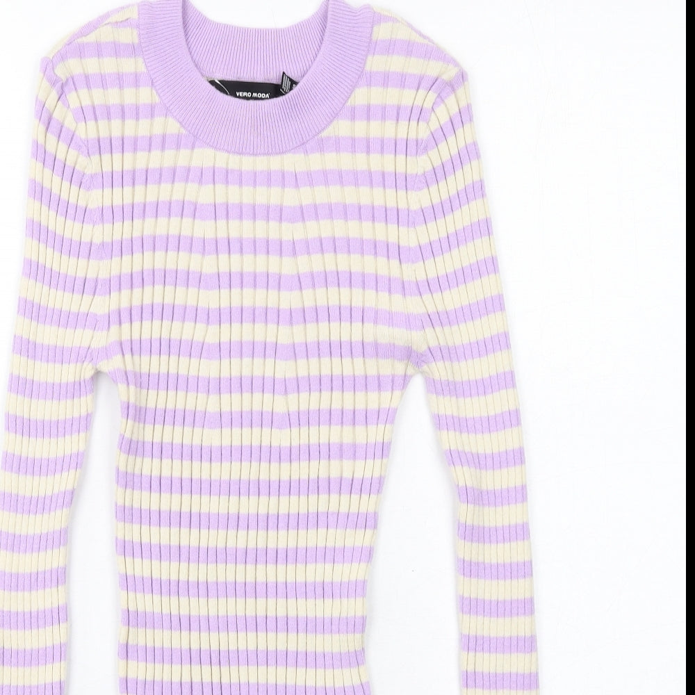 VERO MODA Womens Purple Round Neck Striped Viscose Pullover Jumper Size M