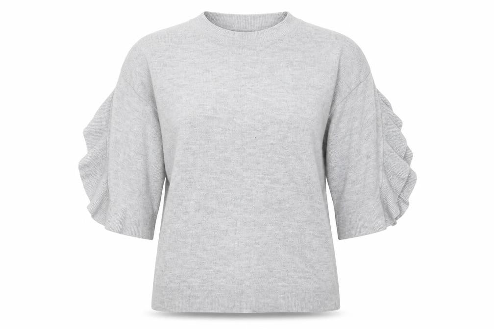Front view of Miss Selfridge women’s grey round neck viscose jumper, size UK 8