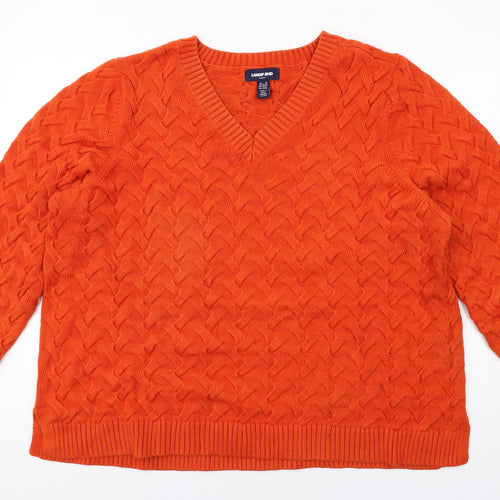 Lands' End Womens Orange V-Neck Cotton Pullover Jumper Size 2XL