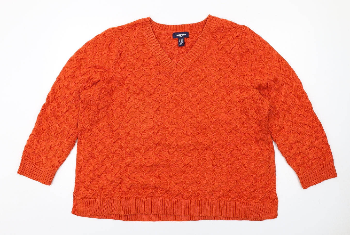 Lands' End Womens Orange V-Neck Cotton Pullover Jumper Size 2XL