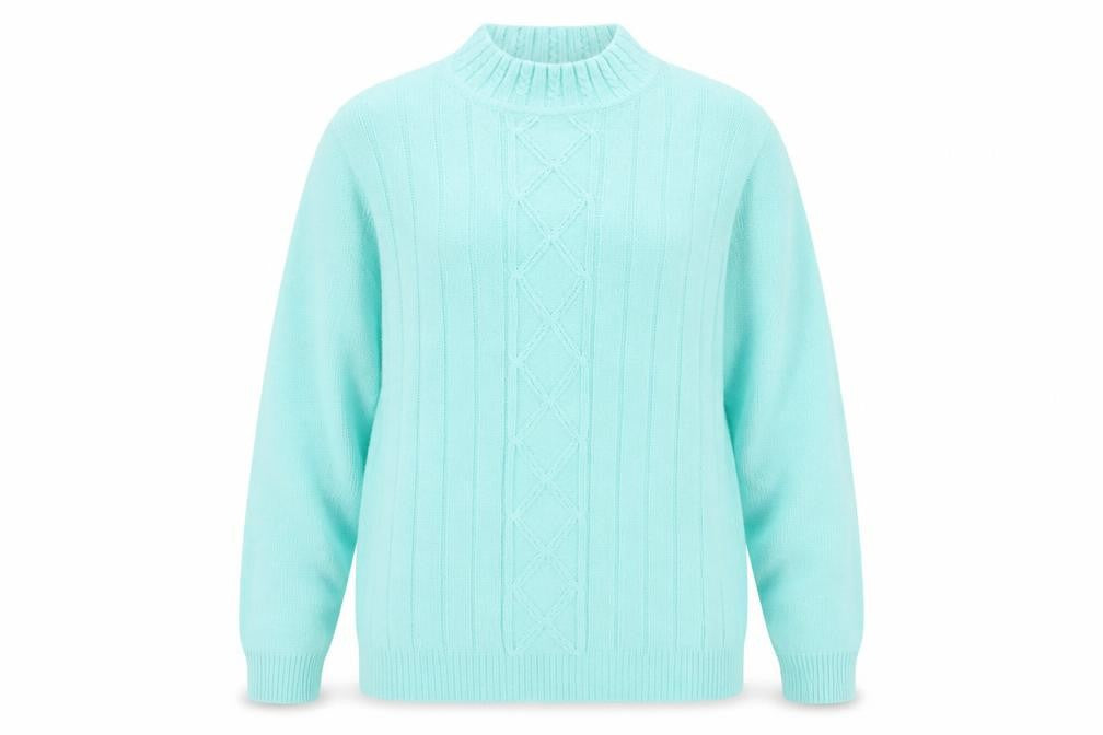Front view of EWM women’s blue mock neck acrylic jumper, size UK 14