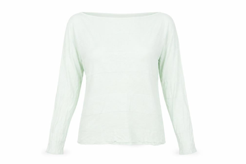 Front view of PURE Collection women’s green boat neck viscose jumper, size S