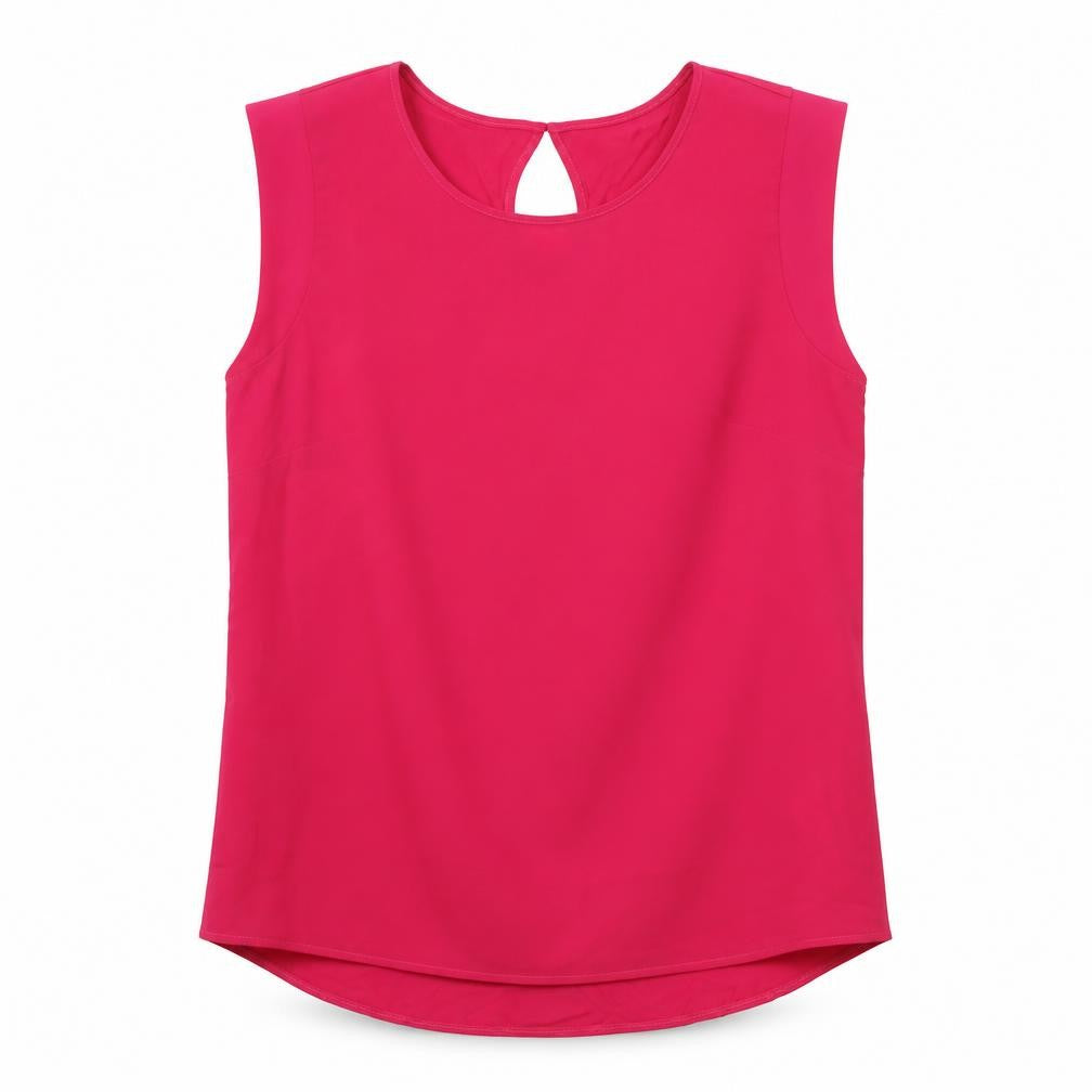 Front view of French Connection women’s pink polyester basic blouse, size S, round neck