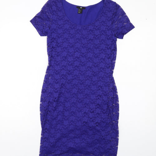 H&M Womens Blue Polyamide Pencil Dress Size S Boat Neck Pullover