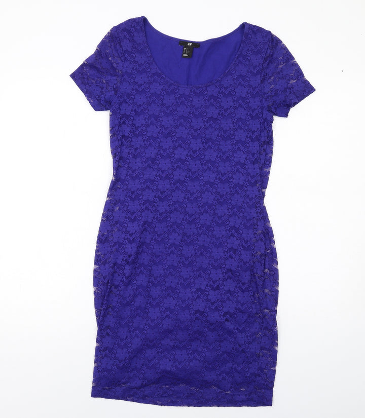 H&M Womens Blue Polyamide Pencil Dress Size S Boat Neck Pullover