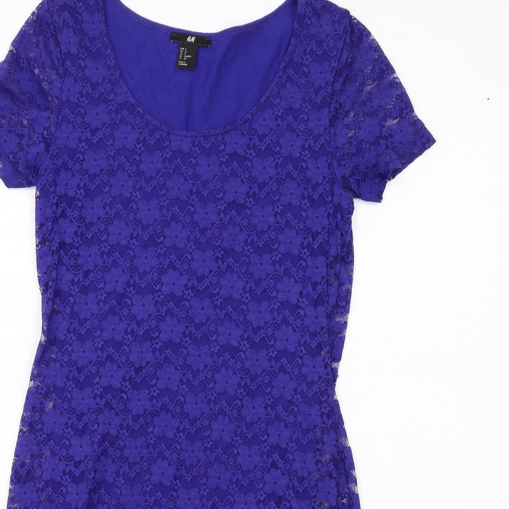 H&M Womens Blue Polyamide Pencil Dress Size S Boat Neck Pullover