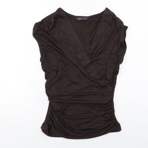 Marks and Spencer Womens Brown Modal Basic T-Shirt Size 8 V-Neck - Ruched