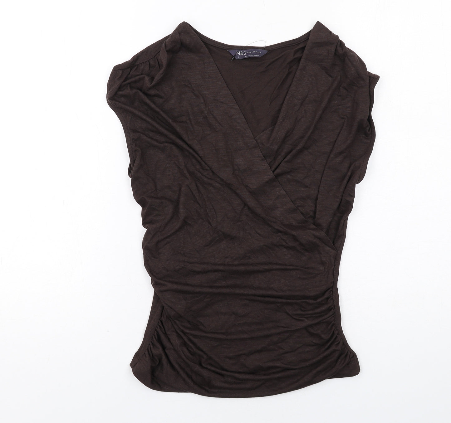 Marks and Spencer Womens Brown Modal Basic T-Shirt Size 8 V-Neck - Ruched