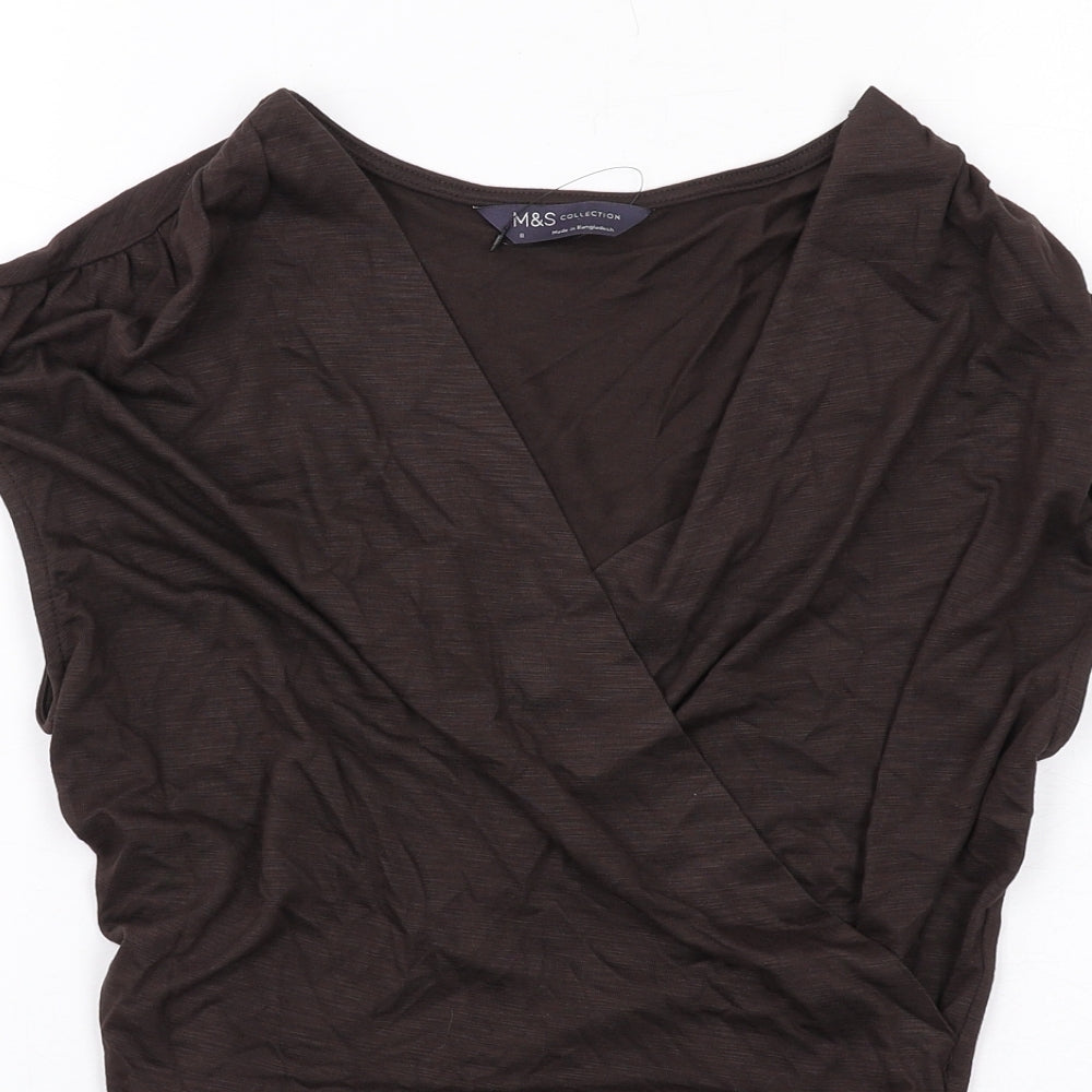 Marks and Spencer Womens Brown Modal Basic T-Shirt Size 8 V-Neck - Ruched
