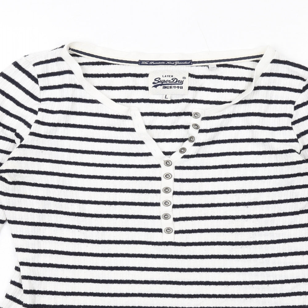 Superdry Womens White Striped Viscose Basic T-Shirt Size L Henley