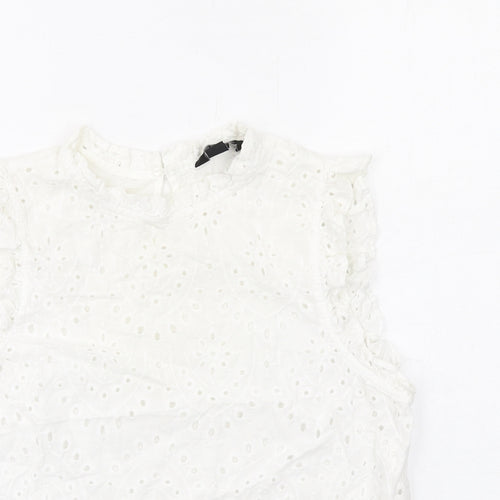 New Look Womens White Cotton Basic Blouse Size 10 Mock Neck - Broderie Anglaise
