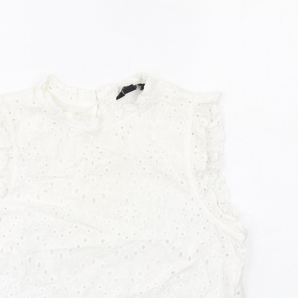 New Look Womens White Cotton Basic Blouse Size 10 Mock Neck - Broderie Anglaise