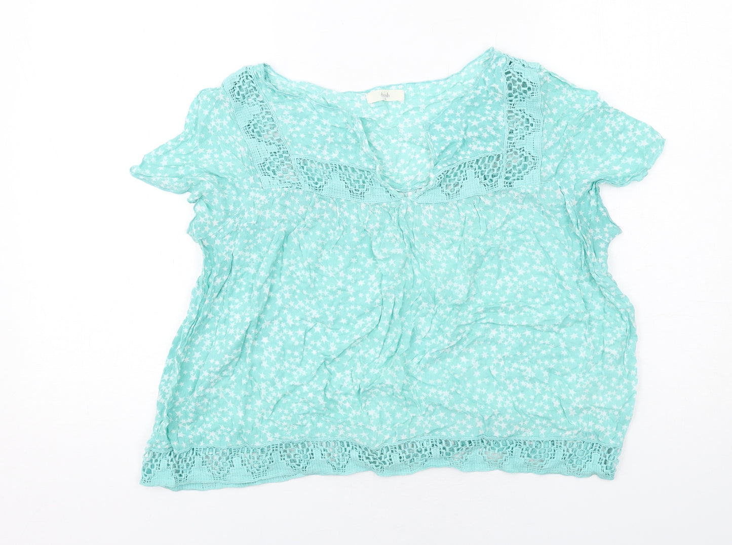 Hush Womens Green Geometric Viscose Basic Blouse Size 8 V-Neck - Crochet Detail