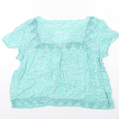 Hush Womens Green Geometric Viscose Basic Blouse Size 8 V-Neck - Crochet Detail