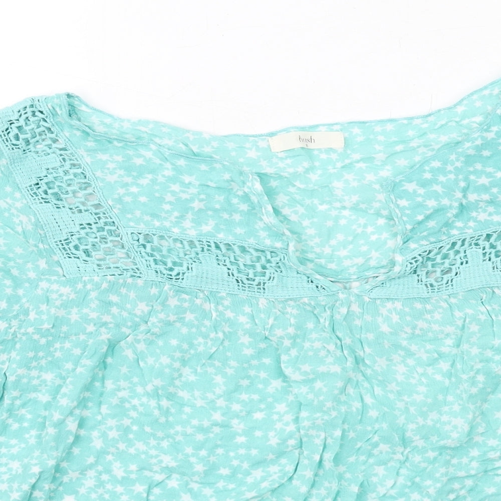 Hush Womens Green Geometric Viscose Basic Blouse Size 8 V-Neck - Crochet Detail