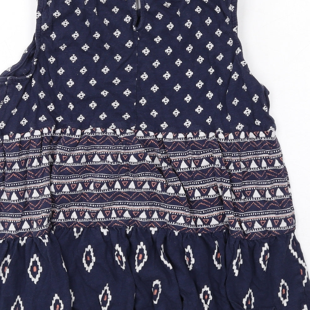 Fat Face Womens Blue Geometric Cotton Basic Blouse Size 8 Round Neck