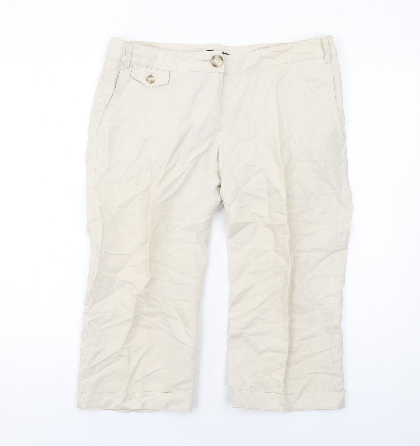 Mango Womens Beige Linen Cropped Trousers Size 12 L20 in Regular Zip
