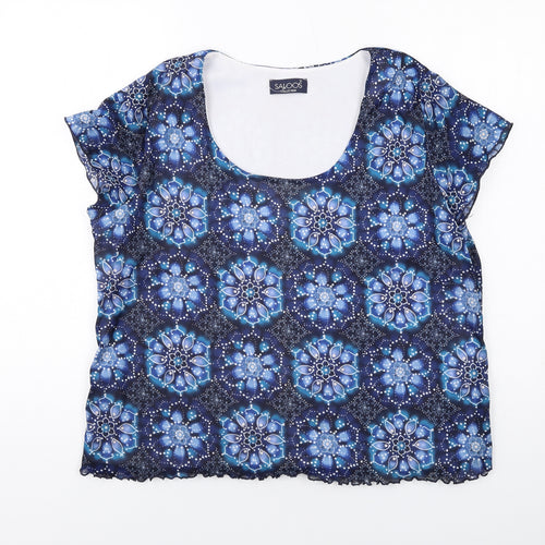 Saloos Womens Blue Geometric Polyester Basic T-Shirt Size XL Scoop Neck
