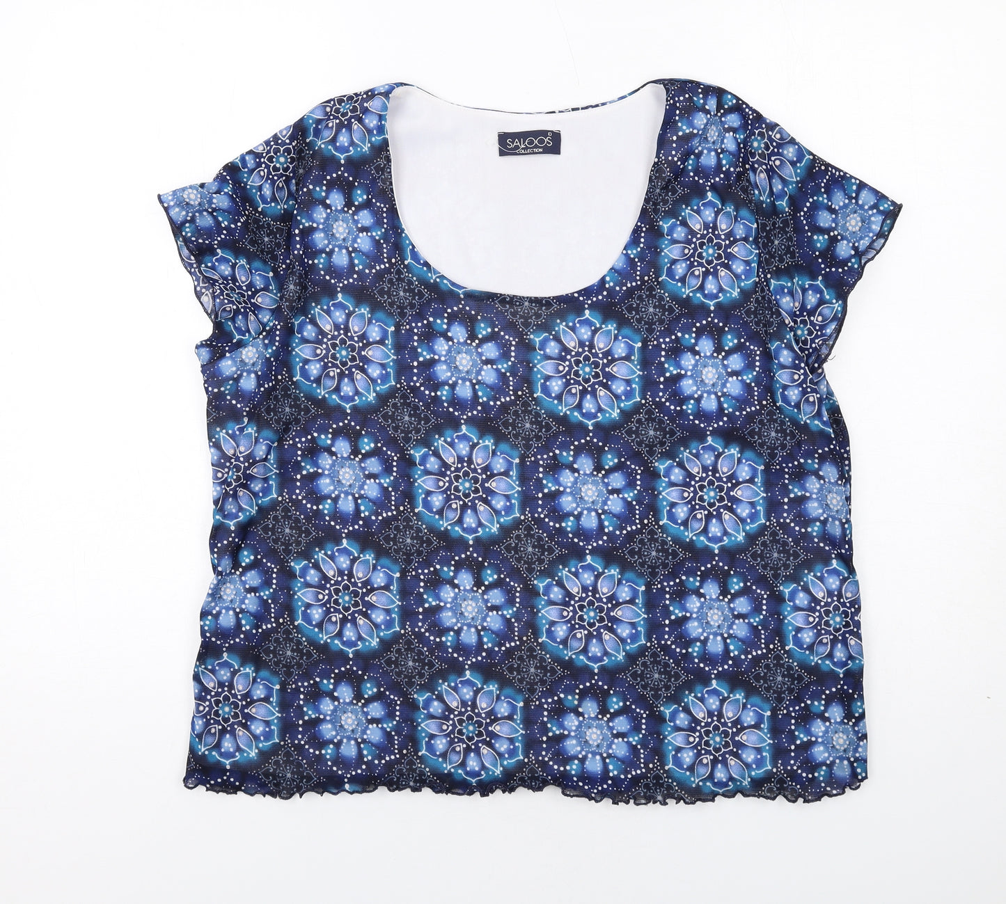 Saloos Womens Blue Geometric Polyester Basic T-Shirt Size XL Scoop Neck