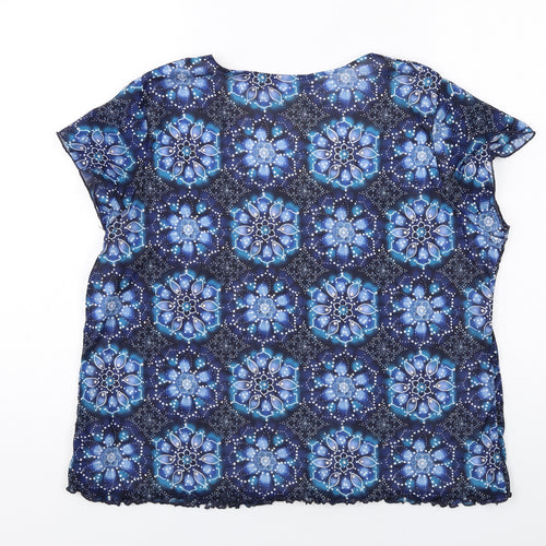 Saloos Womens Blue Geometric Polyester Basic T-Shirt Size XL Scoop Neck