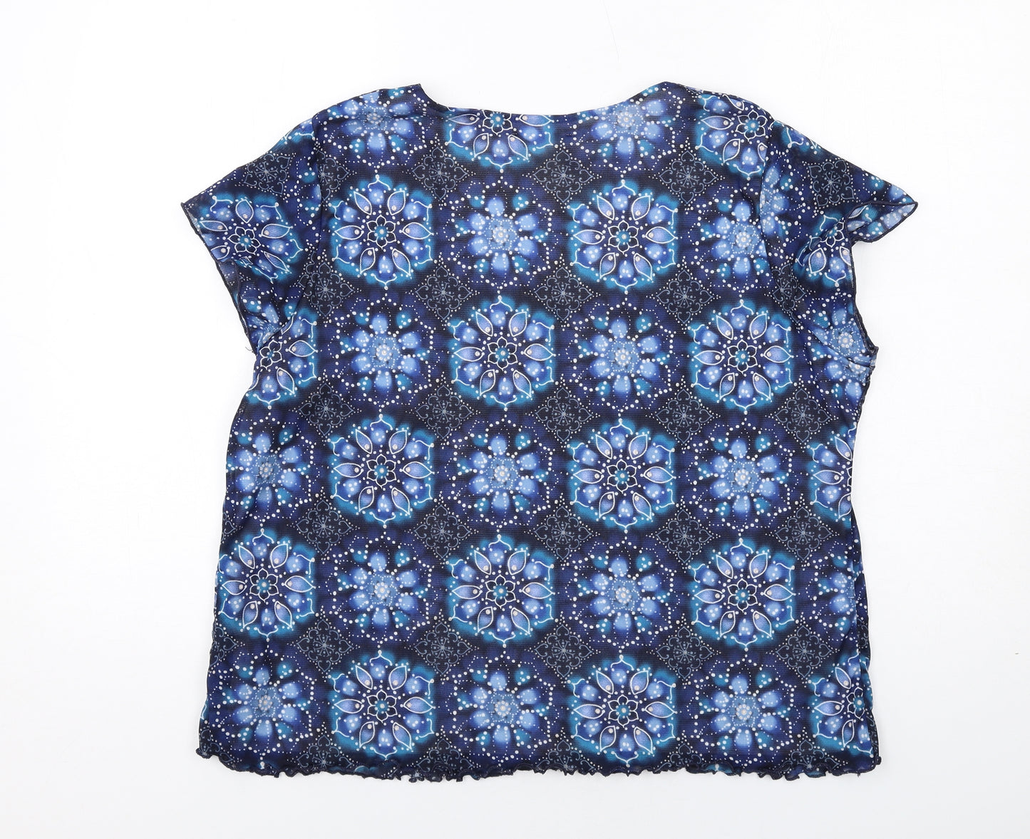 Saloos Womens Blue Geometric Polyester Basic T-Shirt Size XL Scoop Neck