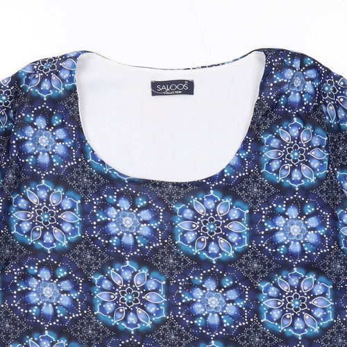 Saloos Womens Blue Geometric Polyester Basic T-Shirt Size XL Scoop Neck