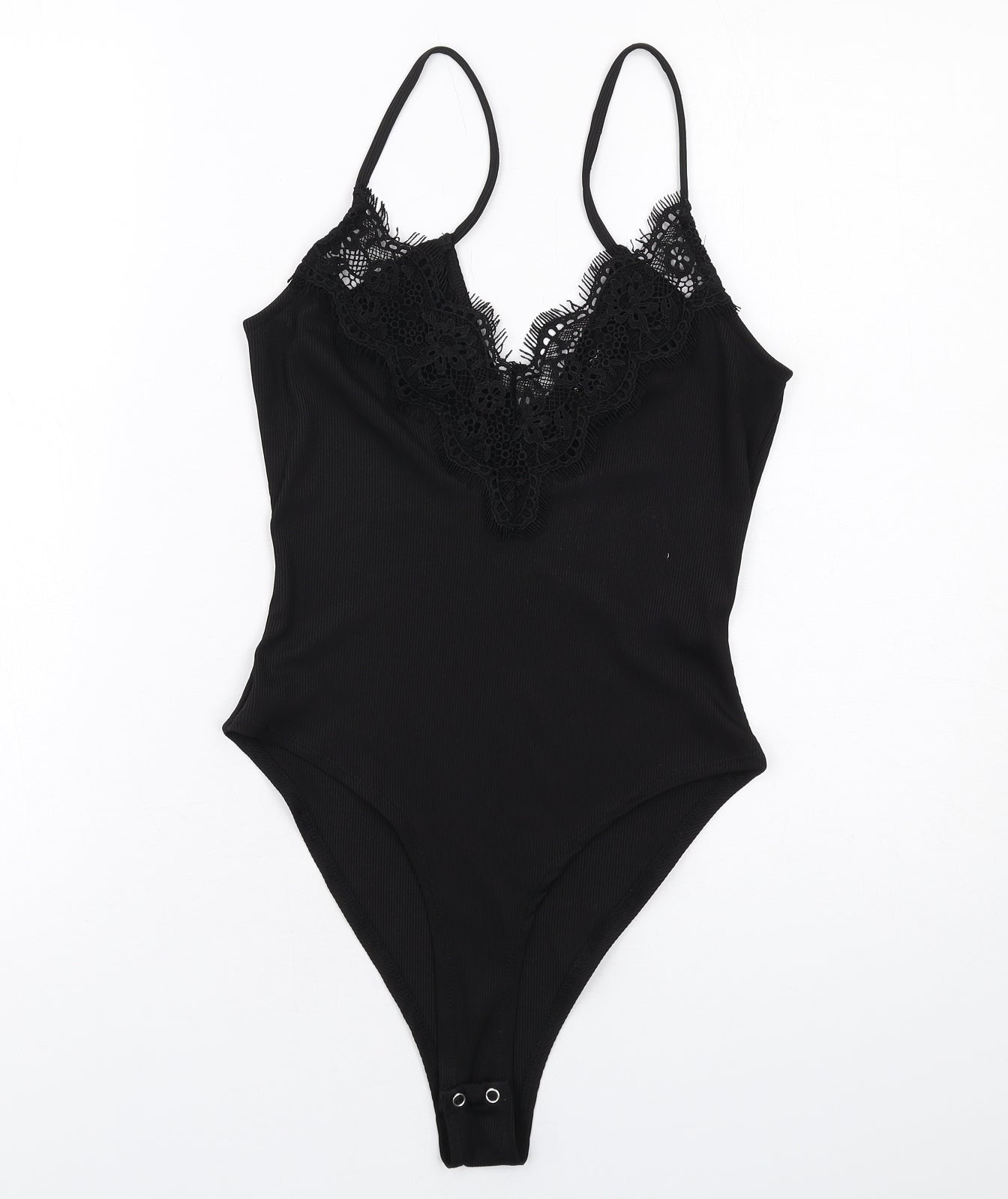 New Look Womens Black Polyester Bodysuit One-Piece Size 10 Snap - Lace Trim
