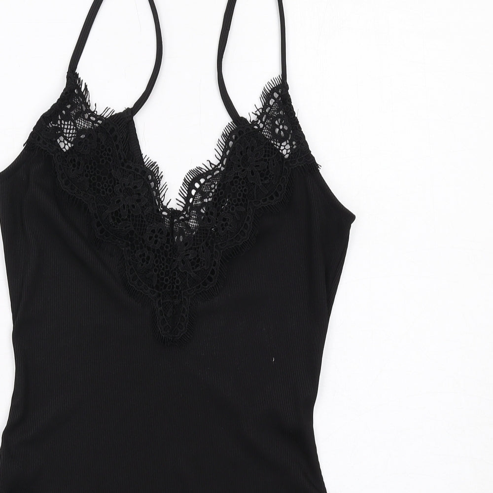 New Look Womens Black Polyester Bodysuit One-Piece Size 10 Snap - Lace Trim