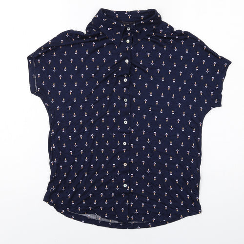 Marks and Spencer Womens Blue Geometric Viscose Basic Button-Up Size 10 Collared