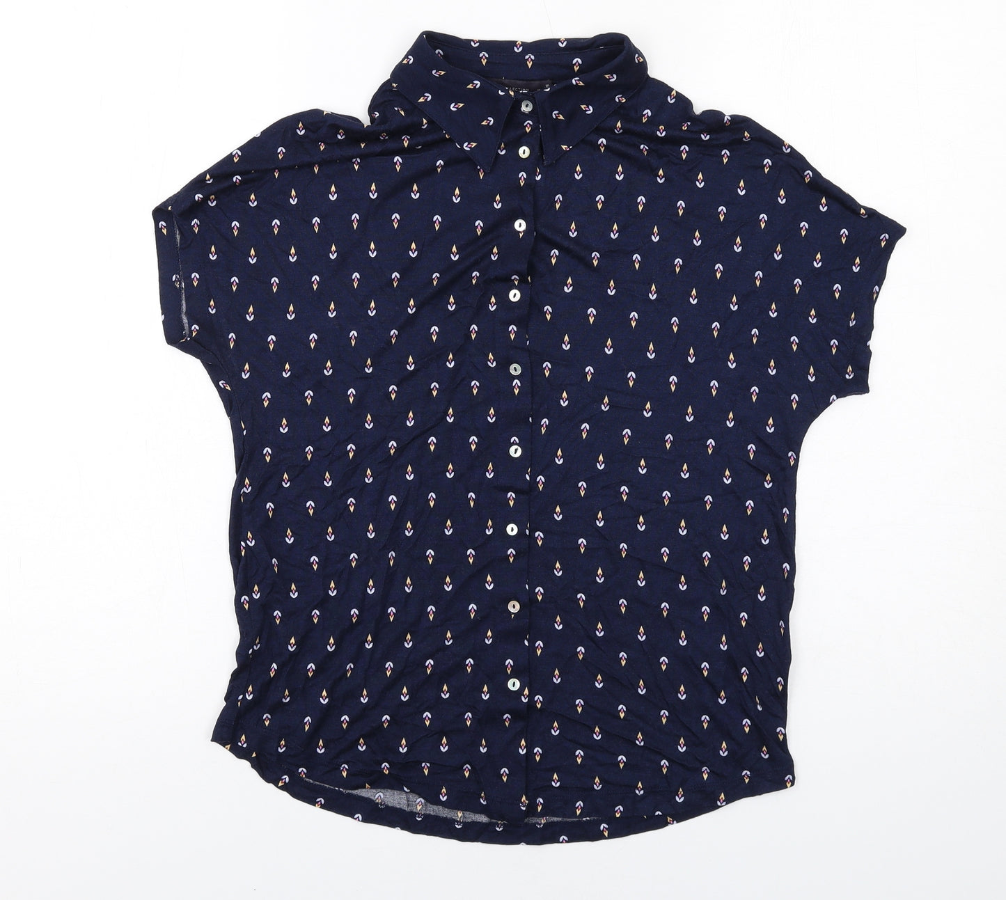 Marks and Spencer Womens Blue Geometric Viscose Basic Button-Up Size 10 Collared