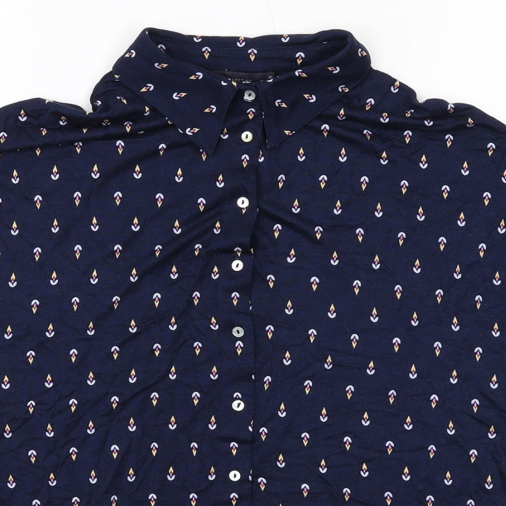 Marks and Spencer Womens Blue Geometric Viscose Basic Button-Up Size 10 Collared