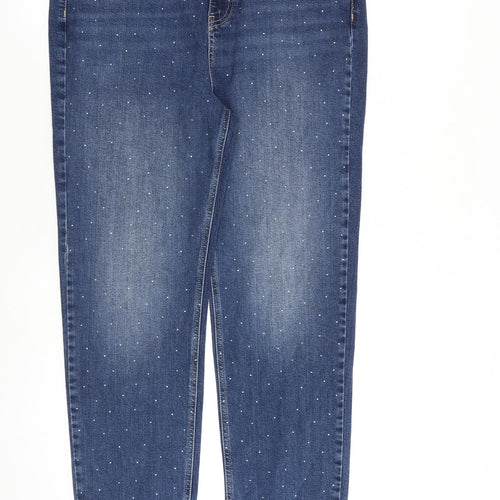 Marks and Spencer Womens Blue Cotton Tapered Jeans Size 18 L32 in Regular Zip - Embellished