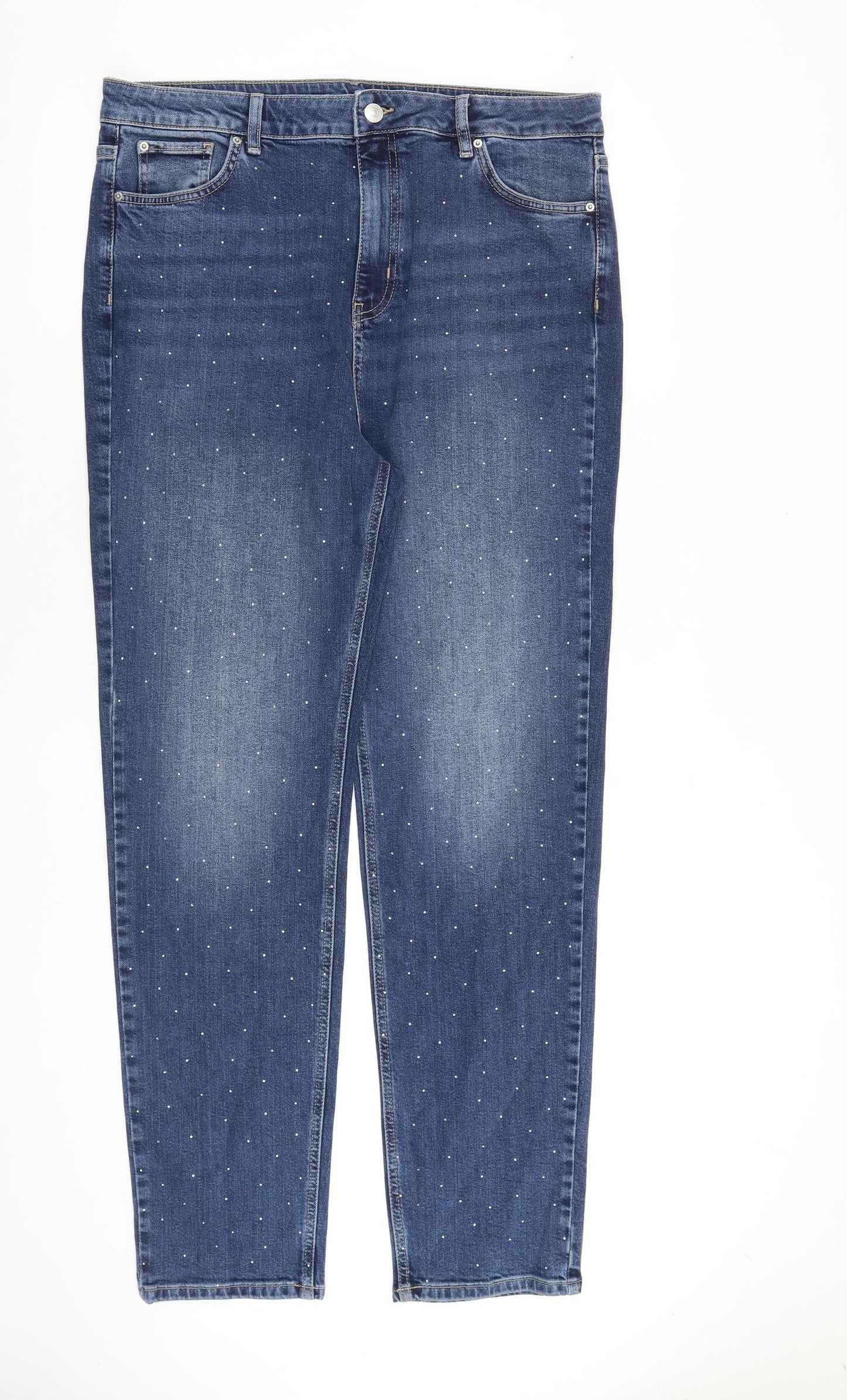Marks and Spencer Womens Blue Cotton Tapered Jeans Size 18 L32 in Regular Zip - Embellished