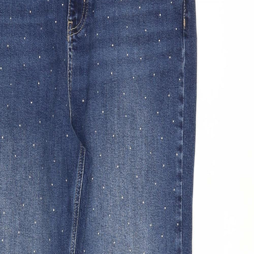 Marks and Spencer Womens Blue Cotton Tapered Jeans Size 18 L32 in Regular Zip - Embellished