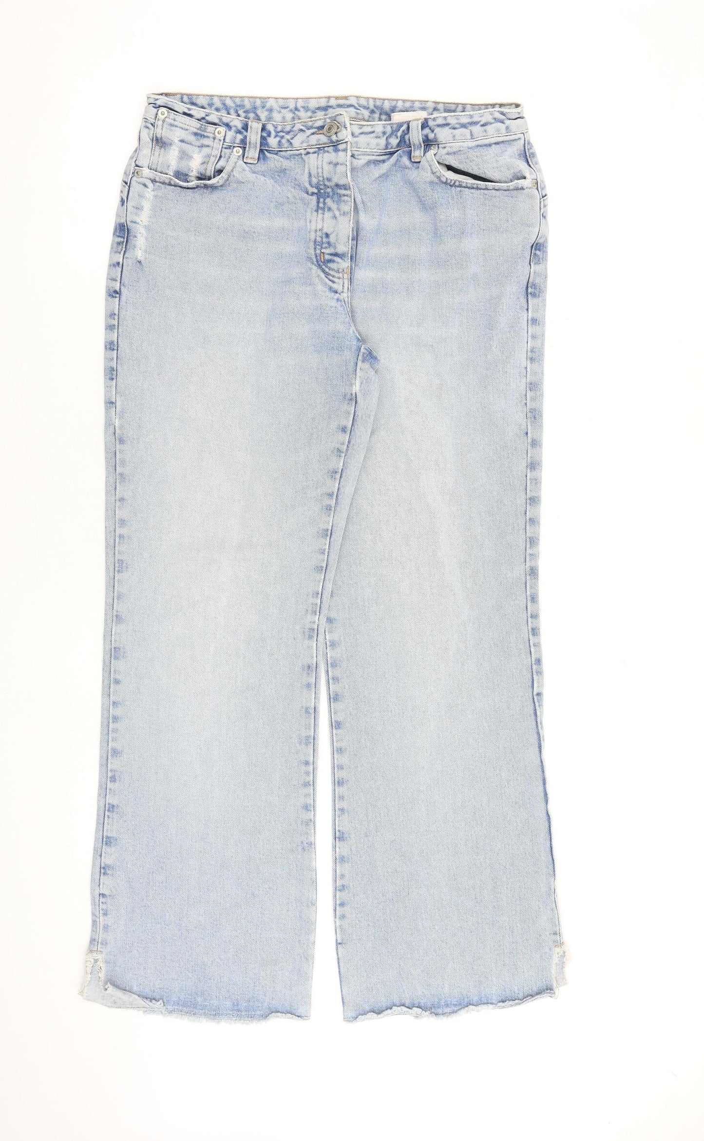 NEXT Womens Blue Cotton Wide-Leg Jeans Size 14 L30 in Regular Button - Raw Hem