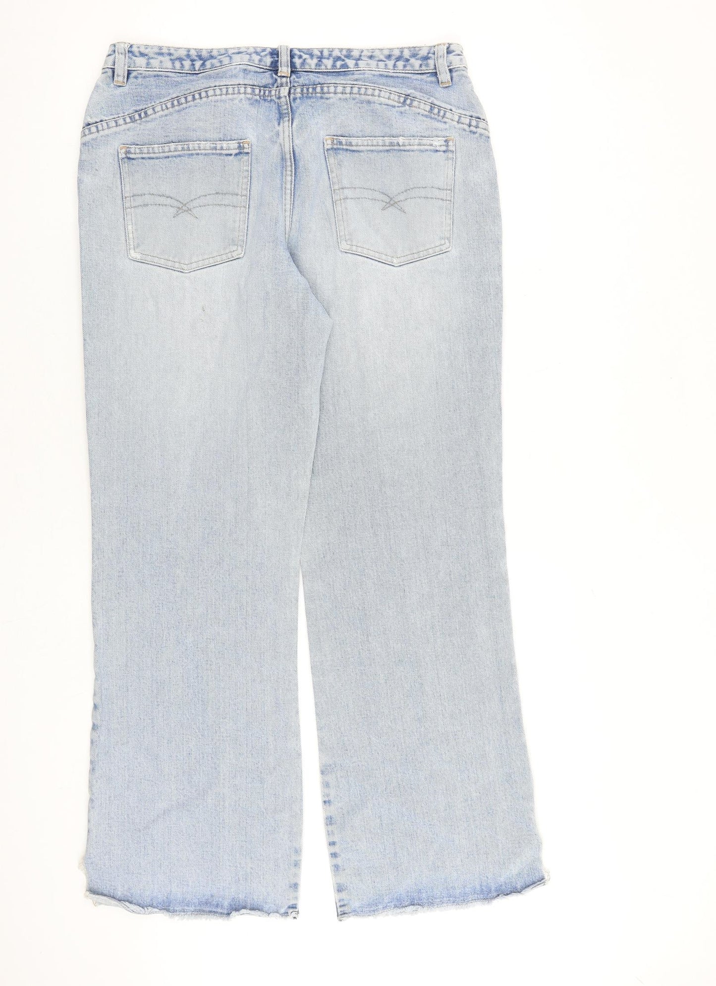 NEXT Womens Blue Cotton Wide-Leg Jeans Size 14 L30 in Regular Button - Raw Hem