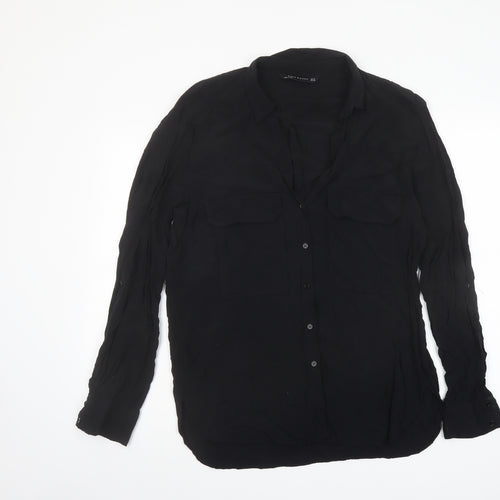 Zara Womens Black Polyester Basic Button-Up Size XL Collared