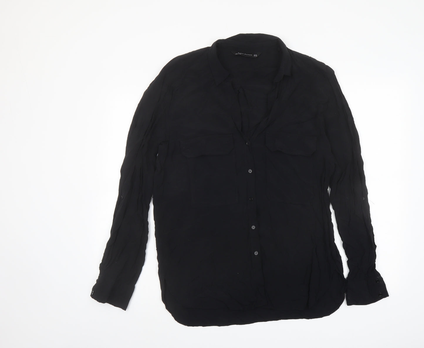 Zara Womens Black Polyester Basic Button-Up Size XL Collared
