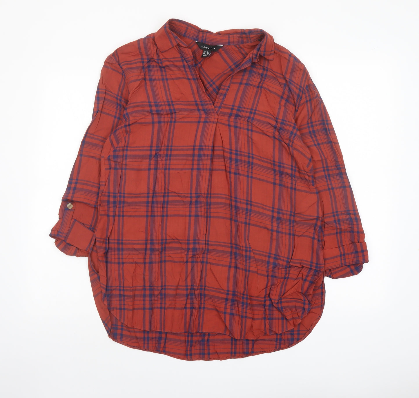 New Look Womens Red Plaid Viscose Basic Blouse Size 8 Collared